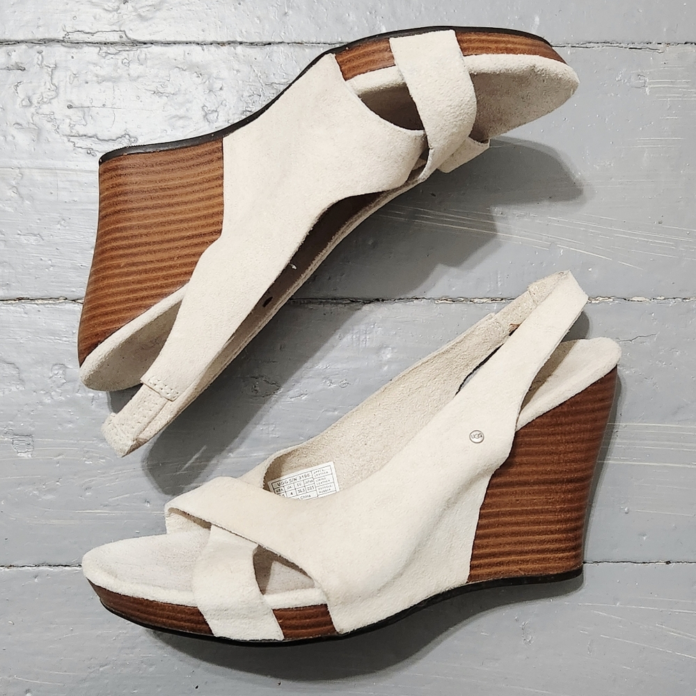 Ugg Beige Suede Slingback Criss Cross Strap Stacked Wooden Wedge Heel Sandals - Picture 2 of 7